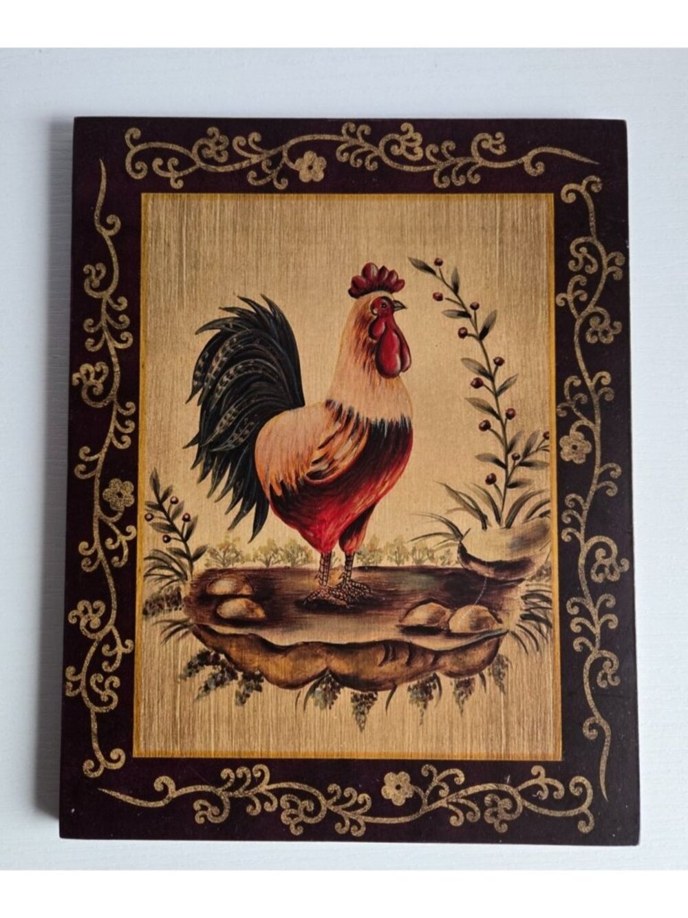 Rooster Wood Wall Plaque Vertical Rectangle Printed Farm Cottage Core 9x7 inches